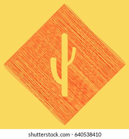 Cactus simple sign. Vector. Red scribble icon obtained as a result of subtraction rhomb and path. Royal yellow background.