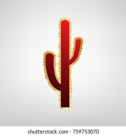 Cactus simple sign. Vector. Red icon on gold sticker at light gray background.