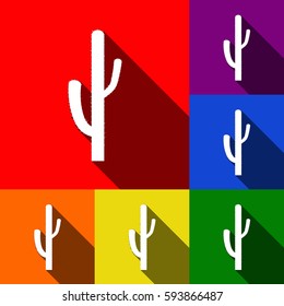 Cactus simple sign. Vector. Set of icons with flat shadows at red, orange, yellow, green, blue and violet background.