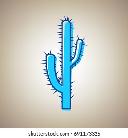 Cactus simple sign. Vector. Sky blue icon with blue contour on beige background.