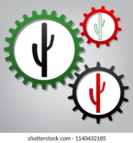 Cactus simple sign. Vector. Three connected gears with icons at grayish background.
