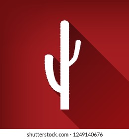 Cactus simple sign. Vector. White icon with limitless shadow at ruby red background.