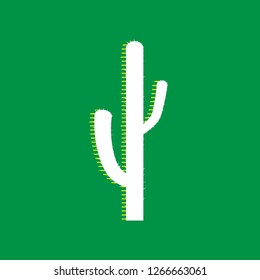Cactus simple sign. Vector. White flat icon with yellow striped shadow at green background.