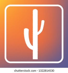 Cactus simple sign. Vector. White icon on transparent button at orange-violet gradient background.
