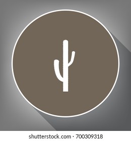 Cactus simple sign. Vector. White icon on brown circle with white contour and long shadow at gray background. Like top view on postament.
