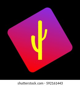 Cactus simple sign. Vector. Yellow icon at violet-red gradient square with rounded corners rotated for dynamics on black background.