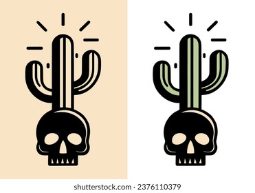 Cactus skull logo. Skull pot plant concept. Minimalist vector illustration with bones and plants.