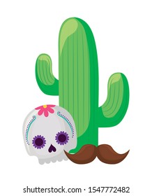cactus with skull mask mexican and moustache vector illustration design