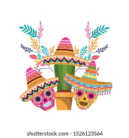 cactus and skull with mexican hat icon vector illustration design