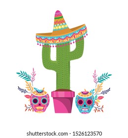 cactus and skull with mexican hat icon vector illustration design