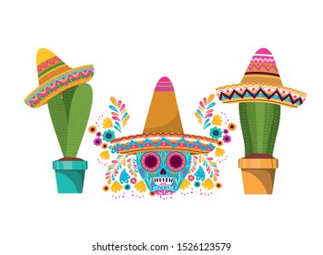 cactus and skull with mexican hat icon vector illustration design