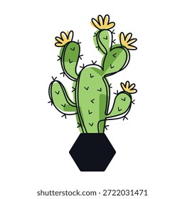 Cactus with small yellow flowers in pot isolated on white background. Decorative botanical illustration for prints, stickers, poster