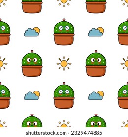 Cactus smile cartoon so cute. On cloud sun and white background. Pattern seamless vector illustration.

