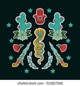 Cactus, snake, hamsa, flower and sword. Print on tshirts and other materials. Set of stickers, pins, patches and handwritten notes collection in cartoon. Vector illustration