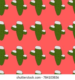 Cactus in snow winter seamless pattern