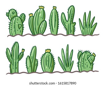 Cactus in the soil collection set. Colorful vector illustration in kids style. Isolated on white background. Design for banner, poster and web.