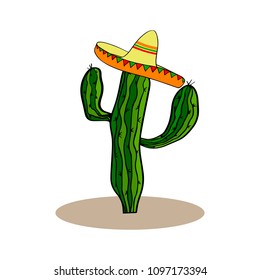 Cactus in sombrero, cartoon. Hand drawn vector illustration. Mexico label or symbol. 