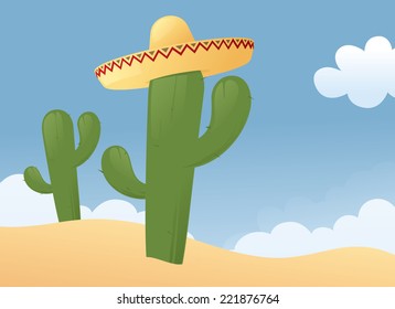 Cactus with sombrero, desert scene. 