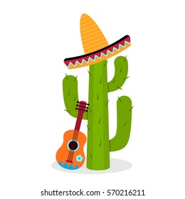 Cactus in sombrero with a guitar. flat vector illustration isolate on a white background