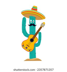 Cactus in sombrero with guitar. Mexican character Vector illustration for card, banner