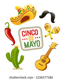 Cactus, sombrero, guitar, moustache, pepper, maracas. Set for Cinco de Mayo celebration. Mexicano ethnic instruments for national Mexico holiday. Isolated white background. EPS10 vector illustration.