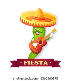 Cactus in sombrero with guitar and mustache, Spanish or Mexico fiesta vector. Mariachi with musical instrument, desert plant, holiday isolated icon