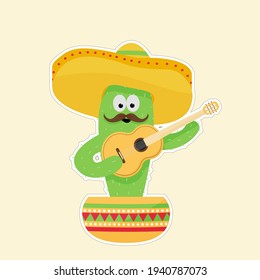 Cactus in a sombrero with a guitar in a pot. Picture with a white outline on a yellow background