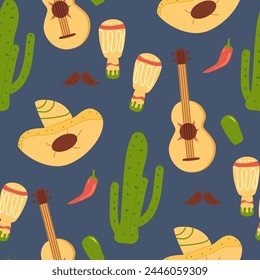 Cactus and sombrero with guitar repeat background. Mexican seamless pattern. Hats of mariachi musicians and maraca endless cover. cinco da mayo loop ornament. Vector flat illustration.