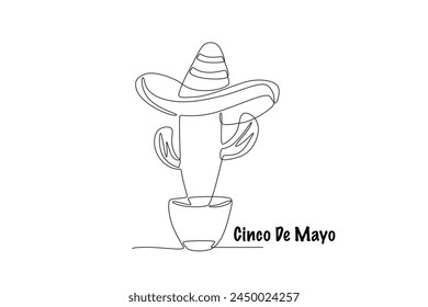 Cactus with sombrero hat. Cinco de mayo concept one-line drawing