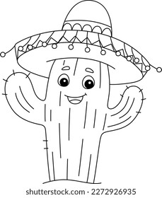 Cactus with Sombrero Isolated Coloring Page 