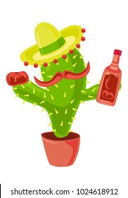 Cactus in sombrero with a ketchup, a tomato and a big chilli paper mustache. 
