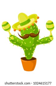 Cactus in sombrero with a maracas and big mustache. 