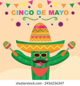 Cactus in a sombrero. Mexico Cinco de Mayo holiday vector flat illustration.