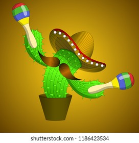 Cactus in sombrero with a mustache and maracas in a pot, made by Mexican motif, style, to the Day of the dead.