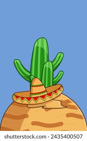 Cactus and Sombrero on Mars Planet Cartoon Illustration