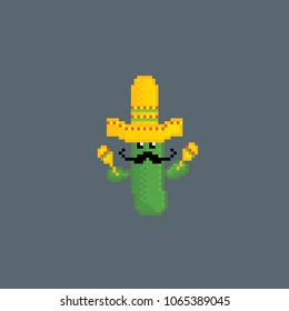 cactus in sombrero. Pixel art. Old school computer graphic style. Decorative element design for logo, sticker, web, mobile app. Game assets 8-bit sprite.