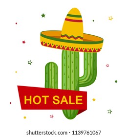Cactus in sombrero and ribbon with inscription HOT SALE. Vector illustration
