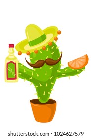 Cactus in sombrero with a tequila and a slice of orange. 