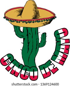 Cactus in sombrero. Vector illustration with design for Mexican holiday 5 may Cinco De Mayo. Vector template with traditional Mexican symbols 