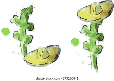 Cactus and sombrero watercolor