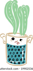Cactus son in a ceramic pot. A pot with eyes. Blue ornament. Vector graphics.