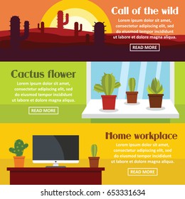Cactus space banner horizontal concept set. Flat illustration of 3 cactus space vector banner horizontal concepts for web