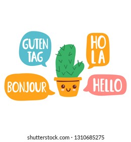 Cactus speak in different languages. Bilingual translation concept. Vector  illustration on white background.