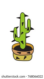 Cactus with spikes in pot. Colored funny cute cactus with black contour. Mexican plant. Design element for banner, postcard, greeting card, t-shirt. Vector illustration.