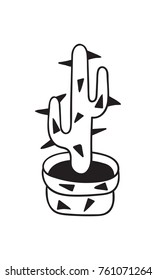 Cactus with spikes in pot for coloring books. Funny cute cactus with black contour. Mexican plant. Design element for banner, postcard, greeting card, t-shirt. Vector illustration.