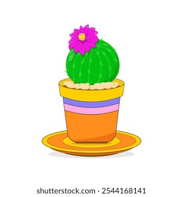 Cactus, spiny, with flower, small, round, growing in the pot, alone, isolated on white. Vector plant, botanical illustration. Decoration, decorative element.