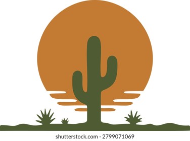 A cactus stands in a desert scene against a large warm sun near the horizon