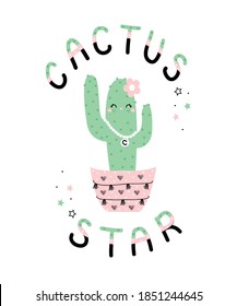 cactus star slogan vector, cute cactus, pink, green,black