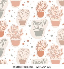 Cactus with stars seamless pattern in boho style isolated on white background