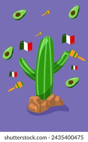 Cactus and Stone Flat Illustration